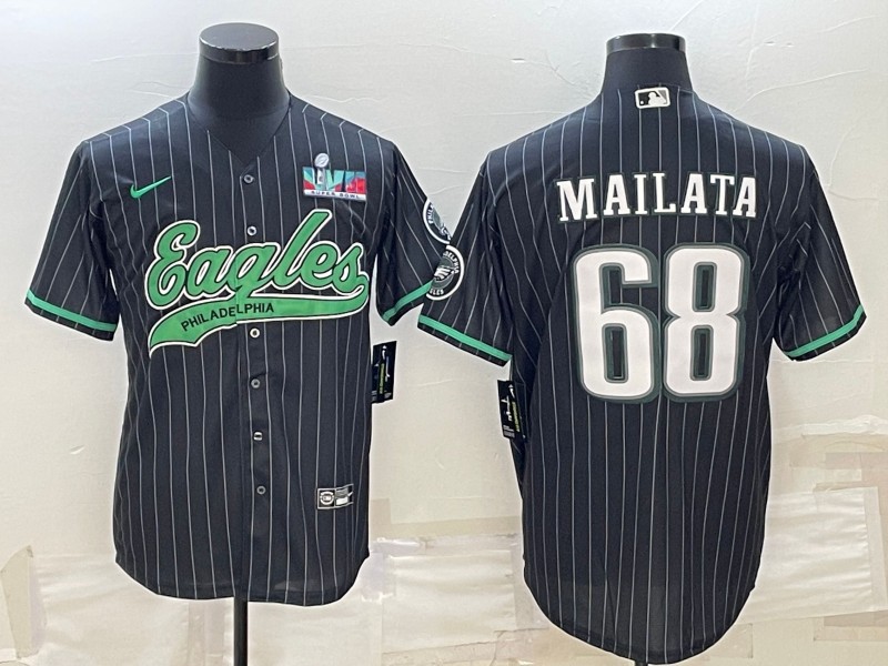 Men's Philadelphia Eagles #68 Jordan Mailata Black With Super Bowl LVII Patch Cool Base Stitched Baseball Jersey